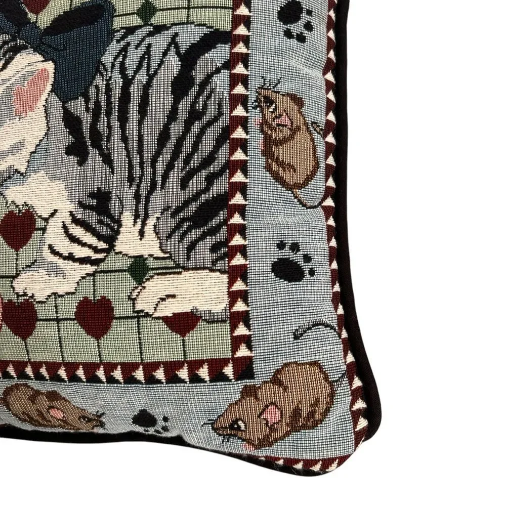 Kitty Cat & Mouse Yarn Tapestry Square Pillow 12 Inches Blue Cat Lover